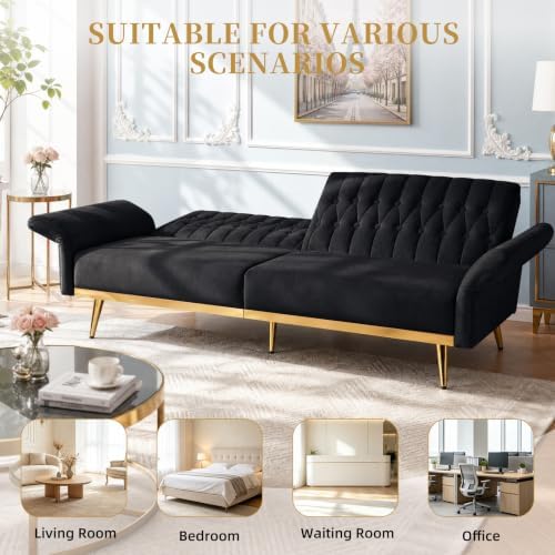70” Velvet Futon Sofa Bed w/Adjustable Armrests, Black