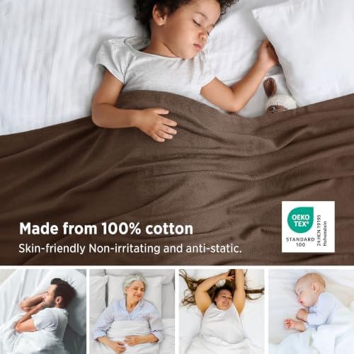 Bedsure 100% Cotton Blanket, Herringbone Weave, Queen Size, Brown