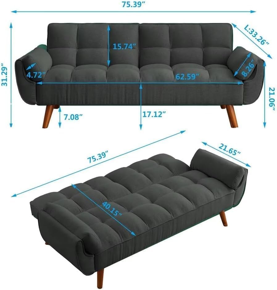 NicBex 75.2" Convertible Futon Couch Bed with Adjustable Backrest, Black