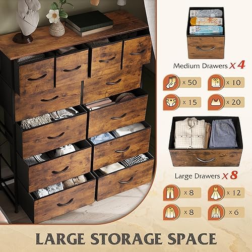 WLIVE 12 Drawer Tall Fabric Dresser Bedroom Storage Chest, Rustic Brown