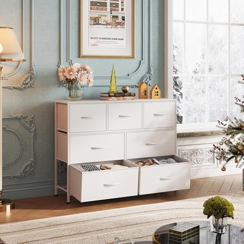 WLIVE Dresser for Bedroom, 7 Drawers, TV Stand, White