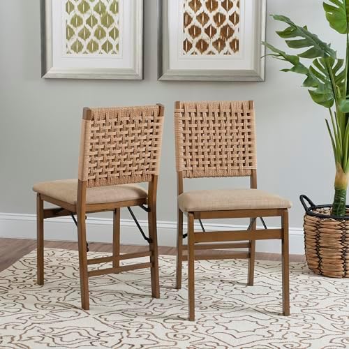 Linon Bennett Natural Folding Chair with Woven Rope Back and Linen Upholstere...