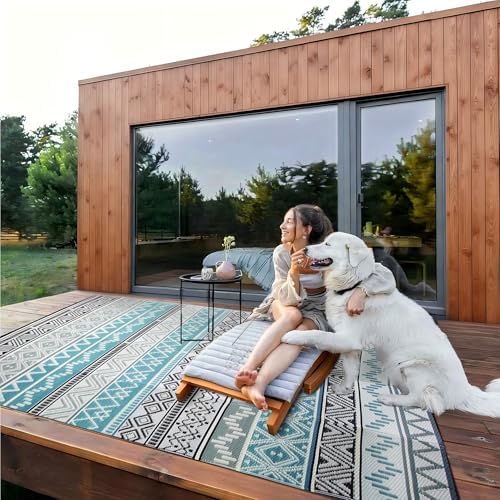 Outdoor Rug 8 x10 ft, Plastic Rug for Patio, Blue & Grey