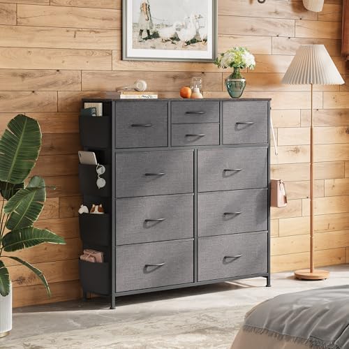 WLIVE 10 Drawer Fabric Dresser for Bedroom, Side Pocket Chest, Dark Grey