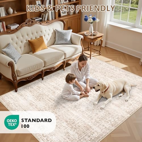 10x14 Area Rugs Living Room: Washable Rug for Bedroom Beige Brown