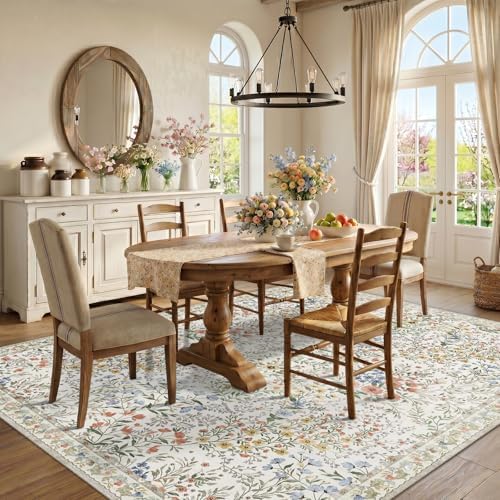 Vintage Botanical Floral Rug 8x10: Cottage Area Rug - Machine Washable Non Sl...