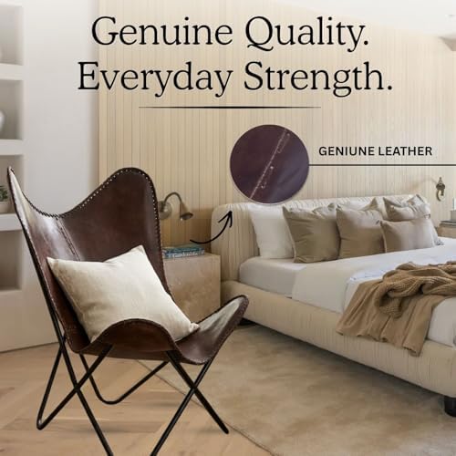 Vintage Brown Leather & Arm Butterfly Chair | Genuine Tan Leather Butterf...