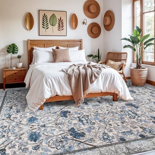 Washable Floral 10x14 Area Rugs: Vintage Rug Low Pile Non Slip Living Room