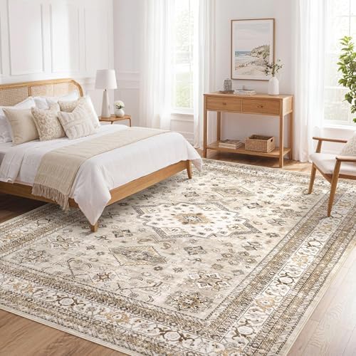 cotiled 5x7 Area Rug for Living Room, Washable, Traditional, Beige