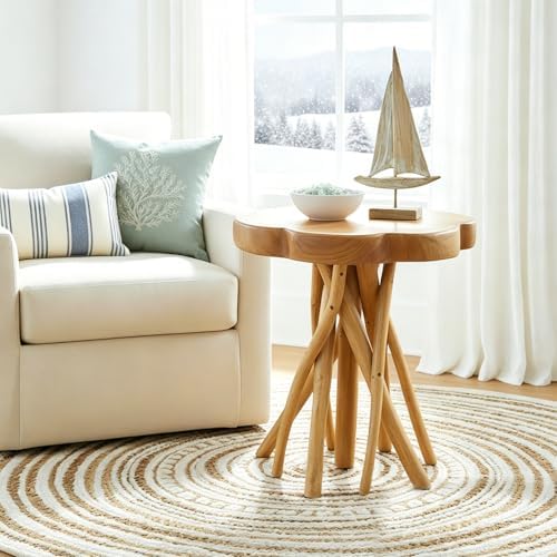 WELLAND Solid Teak Live Edge End Table, Petal Accent Table