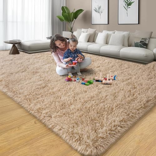 qulint Area Rugs 9x12 Living Room, Fluffy Rug for Bedroom Large Tan Rug