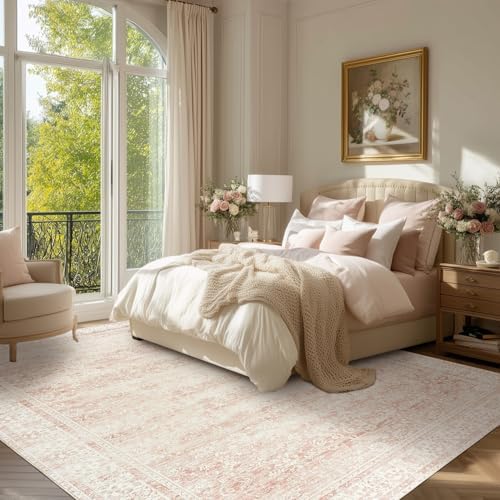 Pink Area Rug 8x10 Low Pile Washable Vintage Large Rugs for Living Room