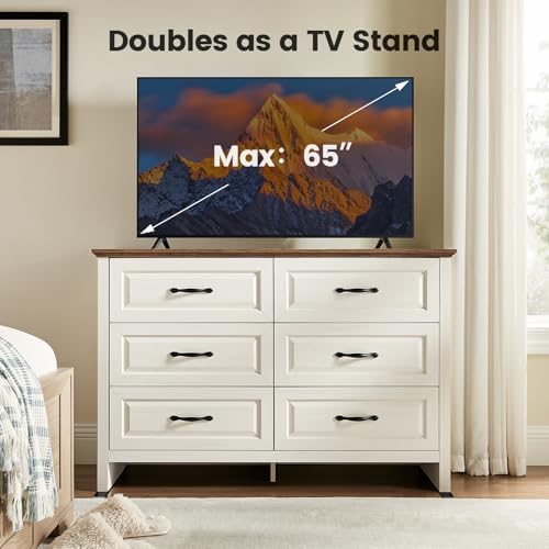 Amada Farmhouse 6 Drawer Dresser, Wood with Natural Texture, Brown & White