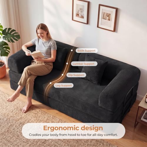 79" Convertible Futon Sofa Bed, Boneless Couch for Living Room | Corduro...