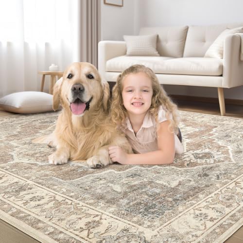 Washable Area Rug-8X10 Vintage Neutral Soft Beige Brown