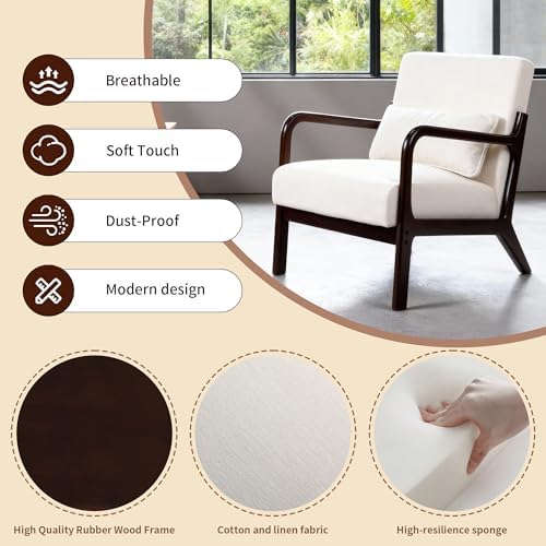 Komene Mid Century Modern Accent Armchair, Upholstered Armchair with Solid Wo...