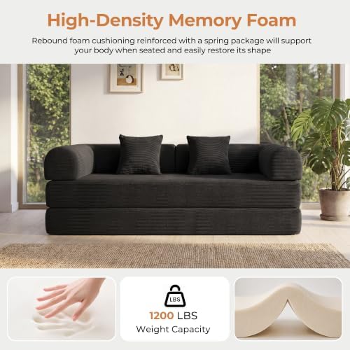 79" Convertible Futon Sofa Bed, Boneless Couch for Living Room | Corduro...