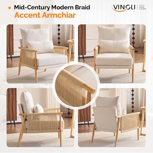 VINGLI Boho Braid Accent Armchair,Mid-Century Modern Chiar with Solid Wooden ...