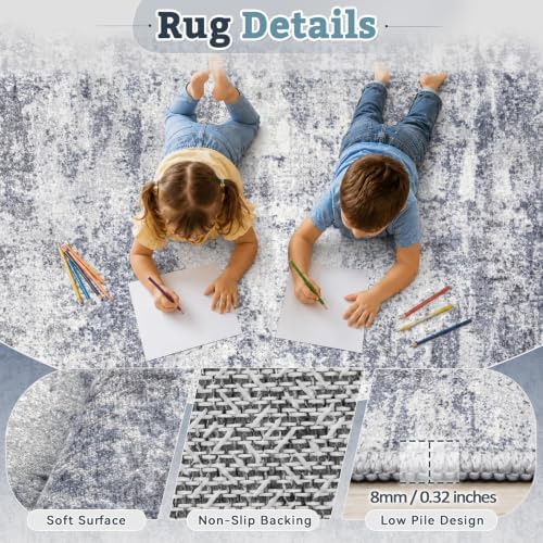 6x9 Area Rugs for Living Room: Washable Abstract Rug Blue Grey