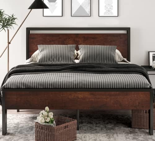 SHA CERLIN 14 Inch Full Size Metal Platform Bed Frame with Wooden Headboard a...