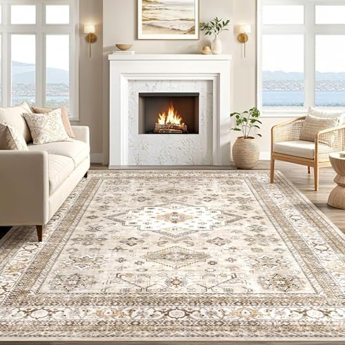 cotiled 5x7 Area Rug for Living Room, Washable, Traditional, Beige