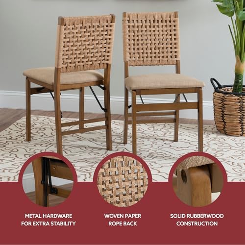Linon Bennett Natural Folding Chair with Woven Rope Back and Linen Upholstere...
