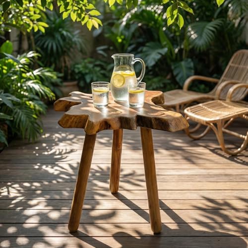 Natural Teak Wood Live Edge Side Table with Wood Legs – Rustic Side Table for...