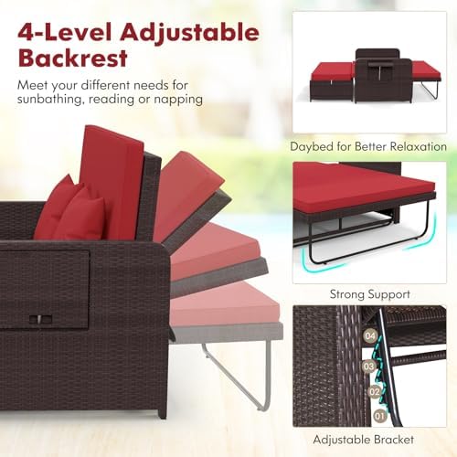 LDAILY Moccha Outdoor Daybed, Wicker Loveseat Sofa Set with 4-Postion Adjusta...