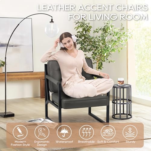 COLAMY Mid Century Modern Accent Chair Set of 2, Leather Armchair, Grey