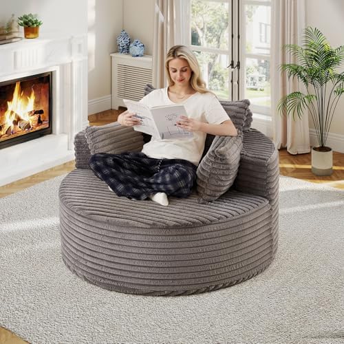 50"W Oversized Round Chaise Lounge Chair Indoor, Upholstered Corduroy De...