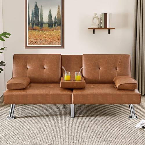 Yaheetech Convertible Futon Sofa Bed Loveseat with Cup Holder, Brown