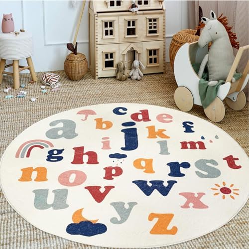 ABREEZE Large Round Kids Play Mat 5.3ft,Fluffy Faux Wool Kids Rug Non-Slip Ch...