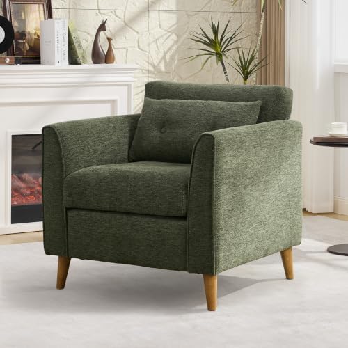 Modern Green Accent Chair with Wooden Legs Plush Fabric Armchair