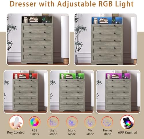 Wodeer Grey Dresser Tall 5 Drawer Dresser for Bedroom, Wood Chest of Drawers ...