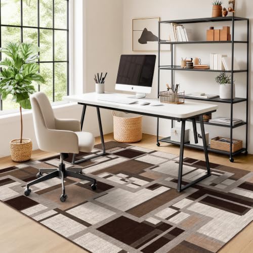 Modern Geometric Area Rug for Living Room, Coffee Brown Washable Rugs 5x7