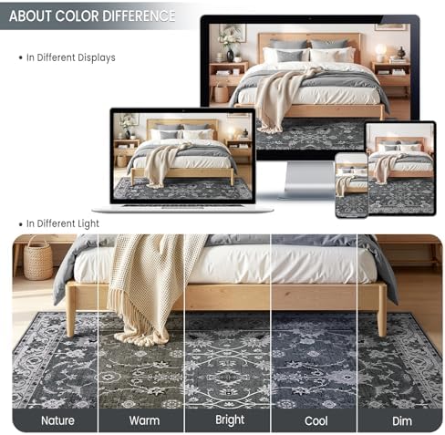Hanples 9x12 Area Rugs for Living Room, Washable Rug Vintage Floral, Gray