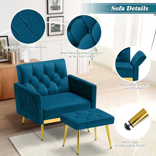Velvet Accent Chair w/Ottoman & Adjustable Backrests, Teal