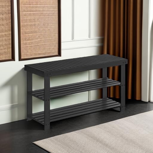 SONGMICS Shoe Rack Bench, 3-Tier Bamboo Entryway Bench, 35.4 Inches Width