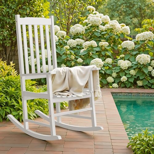 Flamaker Acacia Wooden Rocking Chair Outdoor Rocking Chair (White)