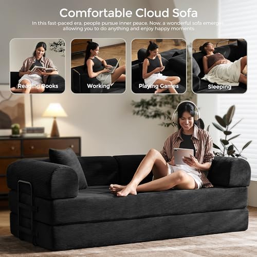 79" Convertible Futon Sofa Bed, Boneless Couch for Living Room | Black