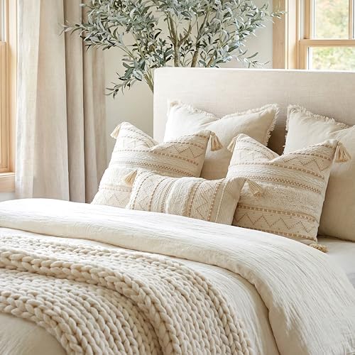 BlissBlush Decorative Throw Pillow Covers 20x20 Combo Set of 2 Square Cream N...