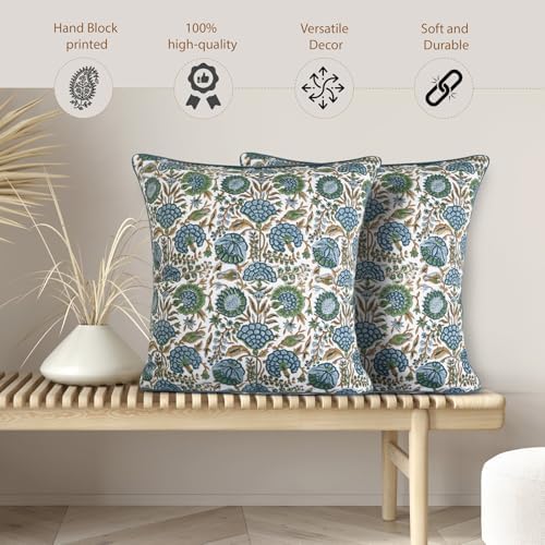 Ridhi Block Print Asparagus Green Pillow Cover 20" x 20" (Pack of 2...