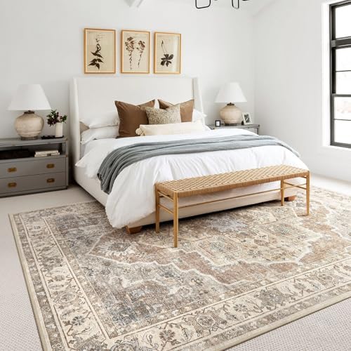 Washable Area Rug-9X12 Vintage Neutral Soft Beige Brown