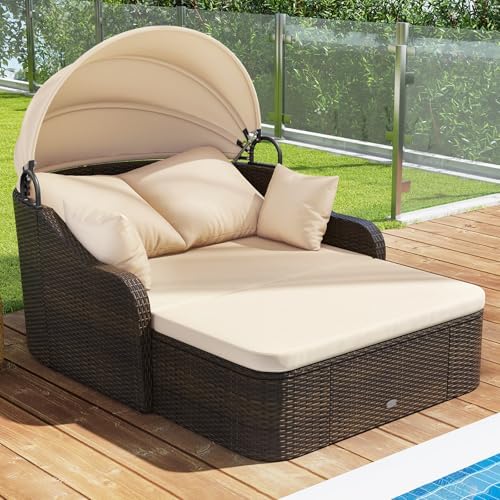 Moccha Outdoor Daybed with Retractable Canopy - PE Rattan Double Chaise Loung...