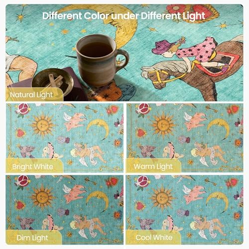Kokia 4x6 Celestial Sun Moon Unique Fresh Turquoise Soft Washable Area Rug