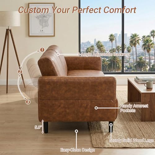 83" Mid Century Modern Faux Leather Sofa, Brown Leather Futon Sofa