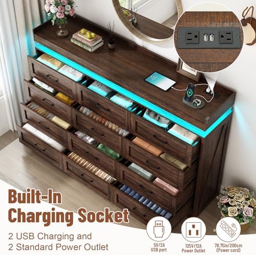 71" Wide 46" Tall Large Farmhouse 12 Drawers Dresser for Bedroom wi...