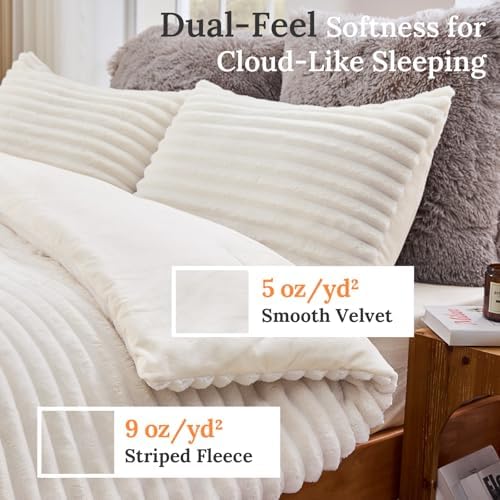Sasttie Fluffy King Comforter Set, 3 PC Soft Fleece Bedding, Cream White