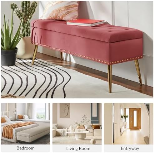 HULALA HOME Modern Velvet Storage Ottoman Bench with Gold Base & Nailhead...