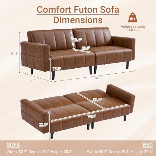 83" Mid Century Modern Faux Leather Sofa, Brown Leather Futon Sofa
